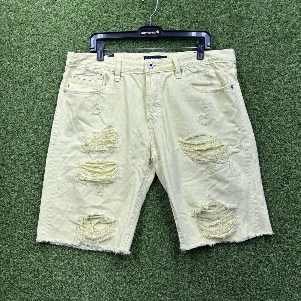 Cult Of Individuality Shorts Mens 38 Yellow Rebel Shorts Stretch Denim Distress